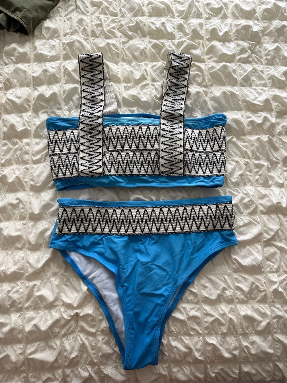 Blue Two-Piece Bikini with Black & White Zigzag Trim